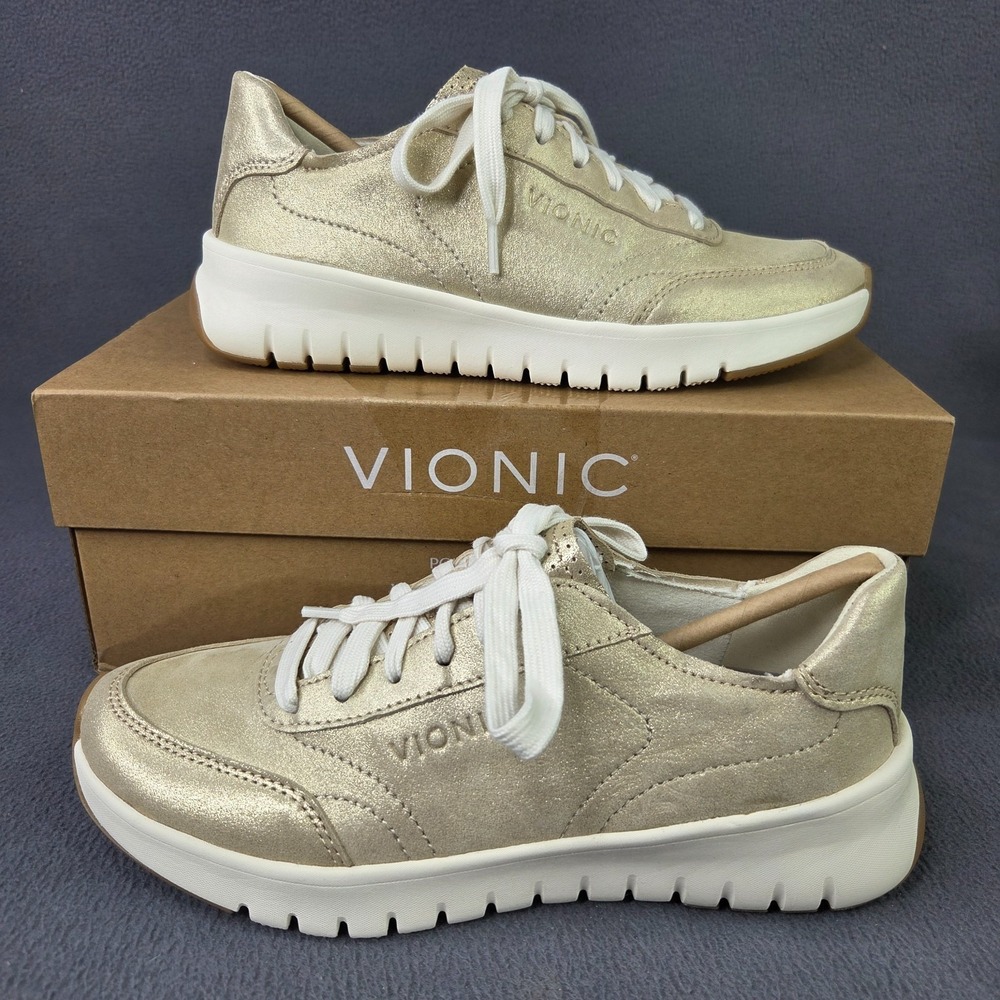 Vionic‎ Uptown Sneaker Gold Shimmer Leather Womens 6 M Lace Up NEW